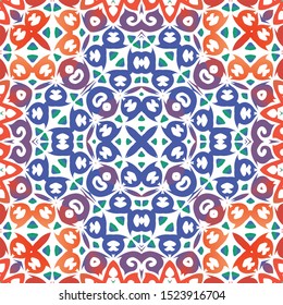 Decorative color ceramic talavera tiles. Vector seamless pattern flyer. Bathroom design. Red folk ethnic ornament for print, web background, surface texture, towels, pillows, wallpaper.