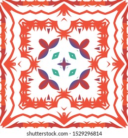 Decorative color ceramic talavera tiles. Minimal design. Vector seamless pattern collage. Red folk ethnic ornament for print, web background, surface texture, towels, pillows, wallpaper.