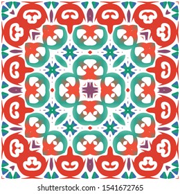 Decorative color ceramic talavera tiles. Minimal design. Vector seamless pattern collage. Red folk ethnic ornament for print, web background, surface texture, towels, pillows, wallpaper.