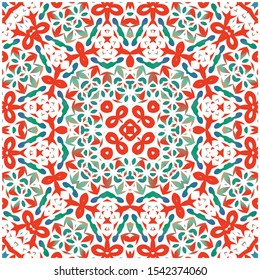 Decorative color ceramic talavera tiles. Original design. Vector seamless pattern texture. Red folk ethnic ornament for print, web background, surface texture, towels, pillows, wallpaper.