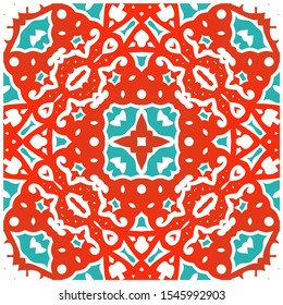 Decorative color ceramic talavera tiles. Vector seamless pattern texture. Stylish design. Red folk ethnic ornament for print, web background, surface texture, towels, pillows, wallpaper.