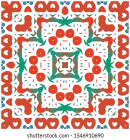 Decorative color ceramic talavera tiles. Bathroom design. Vector seamless pattern collage. Red folk ethnic ornament for print, web background, surface texture, towels, pillows, wallpaper.