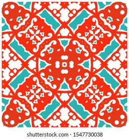 Decorative color ceramic talavera tiles. Vector seamless pattern texture. Kitchen design. Red folk ethnic ornament for print, web background, surface texture, towels, pillows, wallpaper.