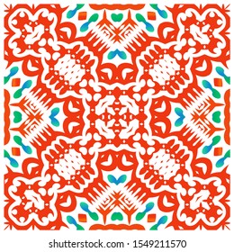 Decorative color ceramic talavera tiles. Vector seamless pattern texture. Kitchen design. Red folk ethnic ornament for print, web background, surface texture, towels, pillows, wallpaper.