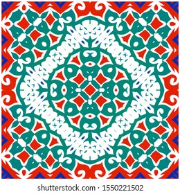 Decorative color ceramic talavera tiles. Vector seamless pattern texture. Stylish design. Red folk ethnic ornament for print, web background, surface texture, towels, pillows, wallpaper.