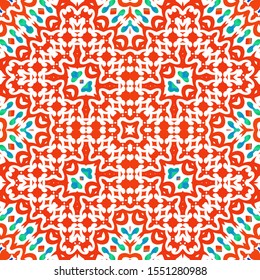 Decorative color ceramic talavera tiles. Vector seamless pattern texture. Kitchen design. Red folk ethnic ornament for print, web background, surface texture, towels, pillows, wallpaper.