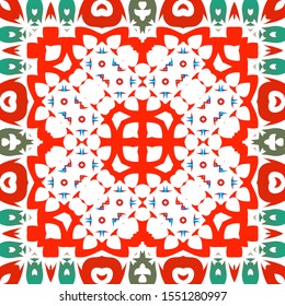 Decorative color ceramic talavera tiles. Vector seamless pattern theme. Hand drawn design. Red folk ethnic ornament for print, web background, surface texture, towels, pillows, wallpaper.