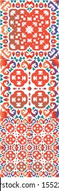Decorative color ceramic talavera tiles. Collection of vector seamless patterns. Kitchen design. Red folk ethnic ornaments for print, web background, surface texture, towels, pillows, wallpaper.