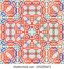 Decorative color ceramic talavera tiles. Vector seamless pattern elements. Bathroom design. Red folk ethnic ornament for print, web background, surface texture, towels, pillows, wallpaper.