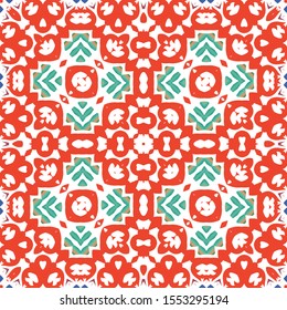 Decorative color ceramic talavera tiles. Collection of vector seamless patterns. Geometric design. Red folk ethnic ornaments for print, web background, surface texture, towels, pillows, wallpaper.