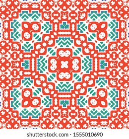 Decorative color ceramic talavera tiles. Collection of vector seamless patterns. Geometric design. Red folk ethnic ornaments for print, web background, surface texture, towels, pillows, wallpaper.