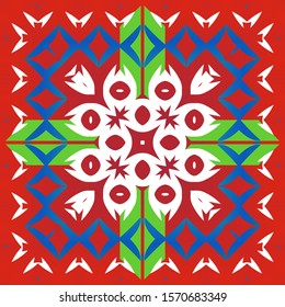 Decorative color ceramic talavera tiles. Vector seamless pattern collage. Bathroom design. Red folk ethnic ornament for print, web background, surface texture, towels, pillows, wallpaper.