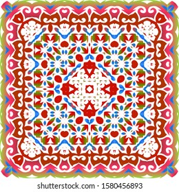 Decorative color ceramic talavera tiles. Vector seamless pattern collage. Stylish design. Red folk ethnic ornament for print, web background, surface texture, towels, pillows, wallpaper.