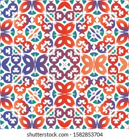 Decorative color ceramic talavera tiles. Vector seamless pattern poster. Original design. Red folk ethnic ornament for print, web background, surface texture, towels, pillows, wallpaper.