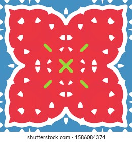 Decorative color ceramic talavera tiles. Vector seamless pattern texture. Stylish design. Red folk ethnic ornament for print, web background, surface texture, towels, pillows, wallpaper.