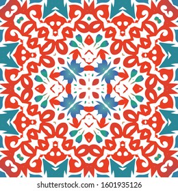 Decorative color ceramic talavera tiles. Geometric design. Vector seamless pattern watercolor. Red folk ethnic ornament for print, web background, surface texture, towels, pillows, wallpaper.