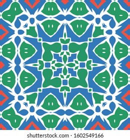 Decorative color ceramic talavera tiles. Collection of vector seamless patterns. Geometric design. Red folk ethnic ornaments for print, web background, surface texture, towels, pillows, wallpaper.