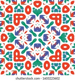 Decorative color ceramic talavera tiles. Bathroom design. Vector seamless pattern collage. Red folk ethnic ornament for print, web background, surface texture, towels, pillows, wallpaper.