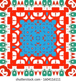Decorative color ceramic talavera tiles. Vector seamless pattern theme. Hand drawn design. Red folk ethnic ornament for print, web background, surface texture, towels, pillows, wallpaper.