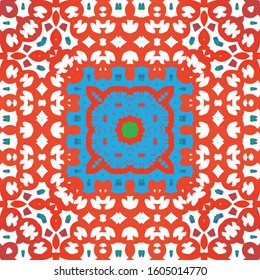 Decorative color ceramic talavera tiles. Graphic design. Vector seamless pattern illustration. Red folk ethnic ornament for print, web background, surface texture, towels, pillows, wallpaper.