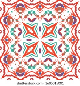 Decorative color ceramic talavera tiles. Minimal design. Vector seamless pattern collage. Red folk ethnic ornament for print, web background, surface texture, towels, pillows, wallpaper.