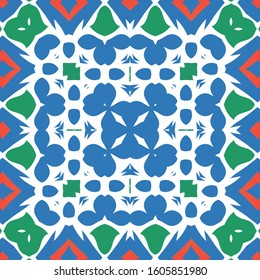 Decorative color ceramic talavera tiles. Collection of vector seamless patterns. Geometric design. Red folk ethnic ornaments for print, web background, surface texture, towels, pillows, wallpaper.