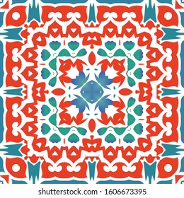 Decorative color ceramic talavera tiles. Geometric design. Vector seamless pattern watercolor. Red folk ethnic ornament for print, web background, surface texture, towels, pillows, wallpaper.