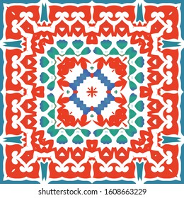 Decorative color ceramic talavera tiles. Geometric design. Vector seamless pattern watercolor. Red folk ethnic ornament for print, web background, surface texture, towels, pillows, wallpaper.