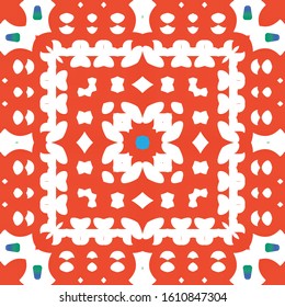Decorative color ceramic talavera tiles. Graphic design. Vector seamless pattern illustration. Red folk ethnic ornament for print, web background, surface texture, towels, pillows, wallpaper.