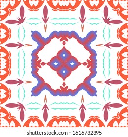 Decorative color ceramic talavera tiles. Minimal design. Vector seamless pattern collage. Red folk ethnic ornament for print, web background, surface texture, towels, pillows, wallpaper.