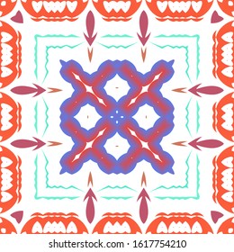 Decorative color ceramic talavera tiles. Minimal design. Vector seamless pattern collage. Red folk ethnic ornament for print, web background, surface texture, towels, pillows, wallpaper.