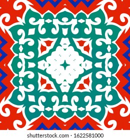Decorative color ceramic talavera tiles. Vector seamless pattern texture. Stylish design. Red folk ethnic ornament for print, web background, surface texture, towels, pillows, wallpaper.