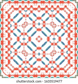 Decorative color ceramic talavera tiles. Minimal design. Vector seamless pattern collage. Red folk ethnic ornament for print, web background, surface texture, towels, pillows, wallpaper.