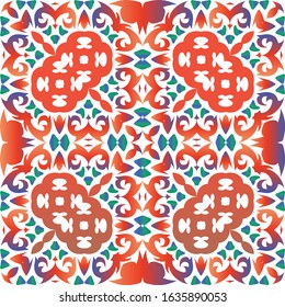 Decorative color ceramic talavera tiles. Vector seamless pattern template. Colored design. Red folk ethnic ornament for print, web background, surface texture, towels, pillows, wallpaper.