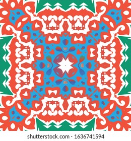 Decorative color ceramic talavera tiles. Geometric design. Vector seamless pattern watercolor. Red folk ethnic ornament for print, web background, surface texture, towels, pillows, wallpaper.