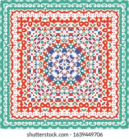 Decorative color ceramic talavera tiles. Original design. Vector seamless pattern texture. Red folk ethnic ornament for print, web background, surface texture, towels, pillows, wallpaper.