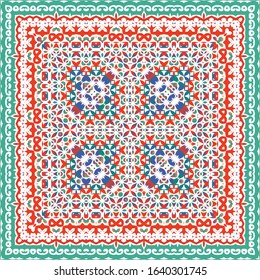 Decorative color ceramic talavera tiles. Original design. Vector seamless pattern texture. Red folk ethnic ornament for print, web background, surface texture, towels, pillows, wallpaper.