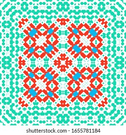 Decorative color ceramic talavera tiles. Collection of vector seamless patterns. Geometric design. Red folk ethnic ornaments for print, web background, surface texture, towels, pillows, wallpaper.