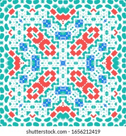 Decorative color ceramic talavera tiles. Collection of vector seamless patterns. Geometric design. Red folk ethnic ornaments for print, web background, surface texture, towels, pillows, wallpaper.