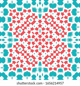 Decorative color ceramic talavera tiles. Collection of vector seamless patterns. Geometric design. Red folk ethnic ornaments for print, web background, surface texture, towels, pillows, wallpaper.