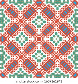 Decorative color ceramic talavera tiles. Collection of vector seamless patterns. Geometric design. Red folk ethnic ornaments for print, web background, surface texture, towels, pillows, wallpaper.