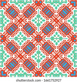 Decorative color ceramic talavera tiles. Collection of vector seamless patterns. Geometric design. Red folk ethnic ornaments for print, web background, surface texture, towels, pillows, wallpaper.