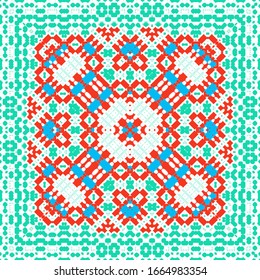 Decorative color ceramic talavera tiles. Collection of vector seamless patterns. Geometric design. Red folk ethnic ornaments for print, web background, surface texture, towels, pillows, wallpaper.