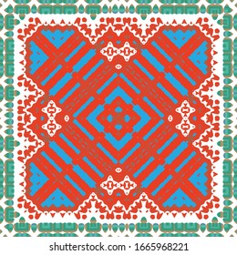 Decorative color ceramic talavera tiles. Collection of vector seamless patterns. Geometric design. Red folk ethnic ornaments for print, web background, surface texture, towels, pillows, wallpaper.