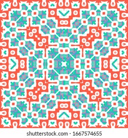 Decorative color ceramic talavera tiles. Collection of vector seamless patterns. Geometric design. Red folk ethnic ornaments for print, web background, surface texture, towels, pillows, wallpaper.