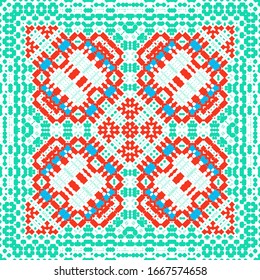 Decorative color ceramic talavera tiles. Collection of vector seamless patterns. Geometric design. Red folk ethnic ornaments for print, web background, surface texture, towels, pillows, wallpaper.