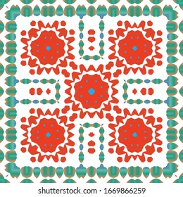 Decorative color ceramic talavera tiles. Collection of vector seamless patterns. Geometric design. Red folk ethnic ornaments for print, web background, surface texture, towels, pillows, wallpaper.
