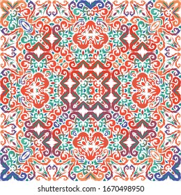 Decorative color ceramic talavera tiles. Fashionable design. Vector seamless pattern elements. Red folk ethnic ornament for print, web background, surface texture, towels, pillows, wallpaper.