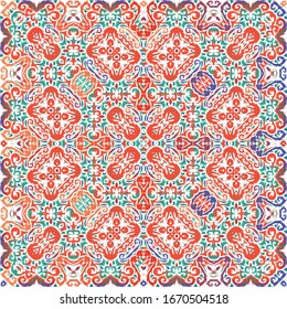 Decorative color ceramic talavera tiles. Vector seamless pattern watercolor. Hand drawn design. Red folk ethnic ornament for print, web background, surface texture, towels, pillows, wallpaper.