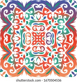 Decorative color ceramic talavera tiles. Vector seamless pattern flyer. Graphic design. Red folk ethnic ornament for print, web background, surface texture, towels, pillows, wallpaper.